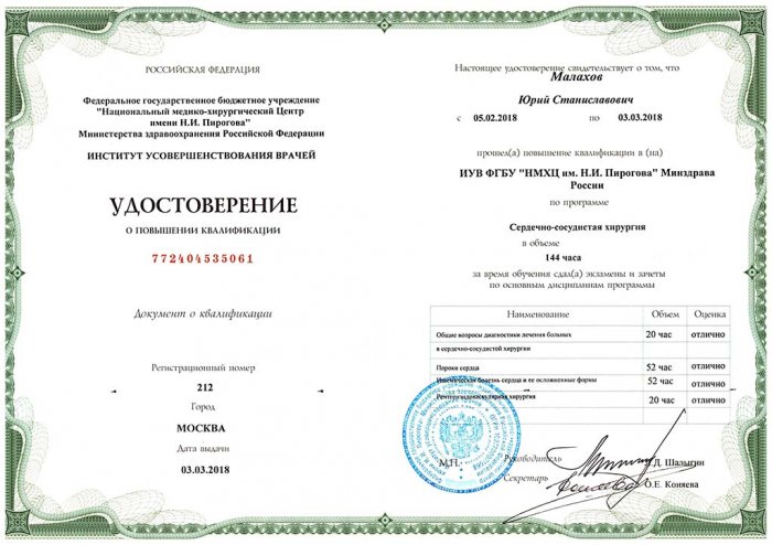 Малахов Ю.С. прощел повышение квалификации по программе "Сердечно-сосудистая хирургия"
